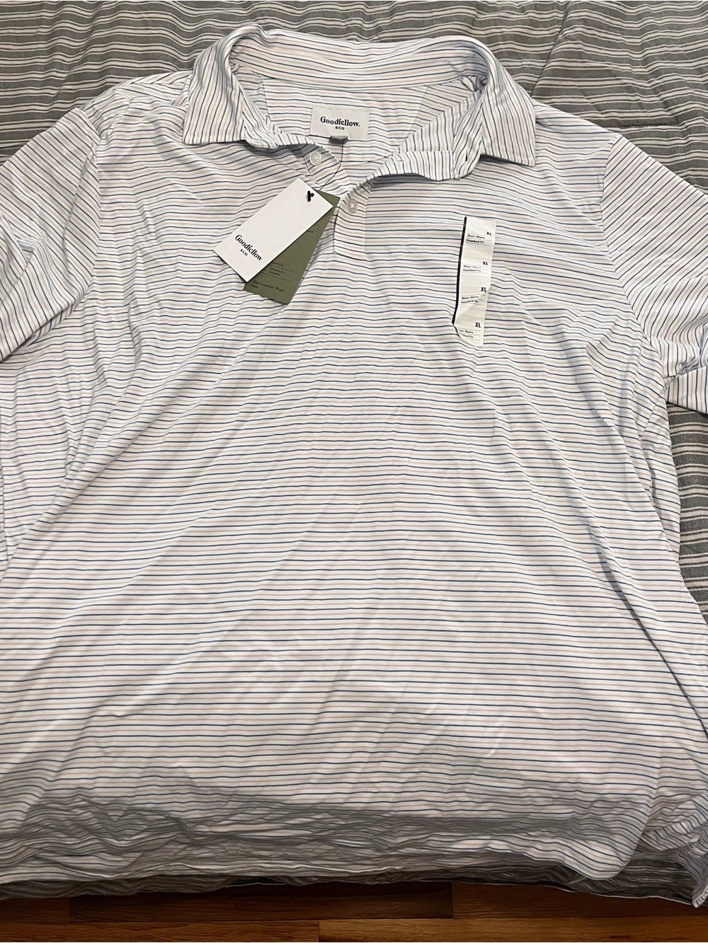 Goodfellow & Co Men’s White Polo with Thin Light Blue Stripes